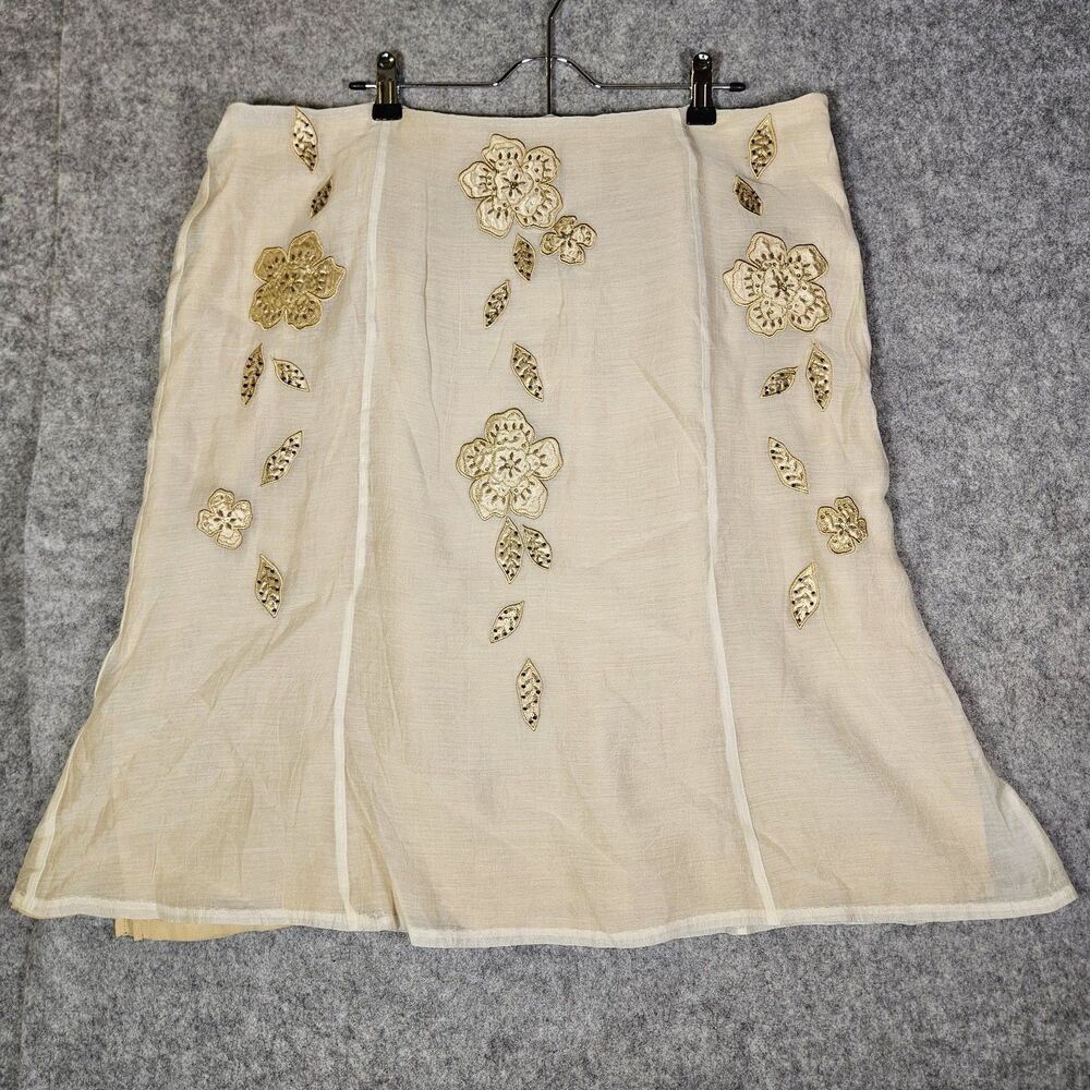 Womens Whimsical Gold Cream Floral Sequin A-Line Skirt Boho Fairy Y2K‎ Size 16
